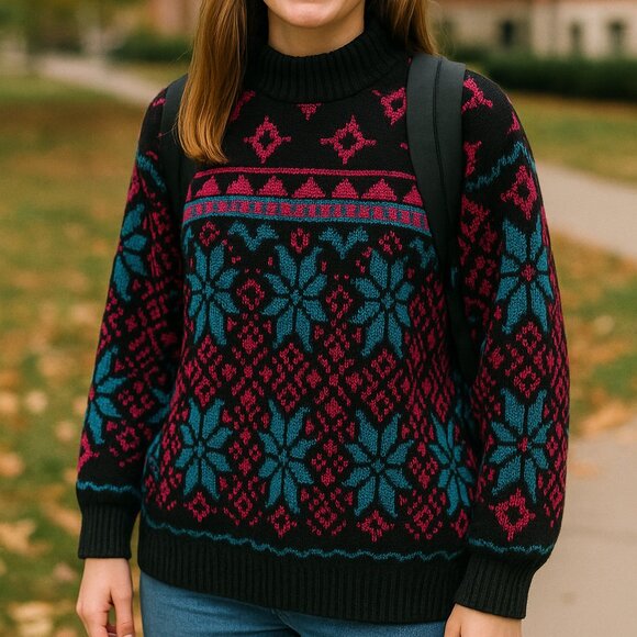 Vintage Sweaters - Vintage 80s Pink Green Black Metallic Medium to Large Snowflake Ski Sweater